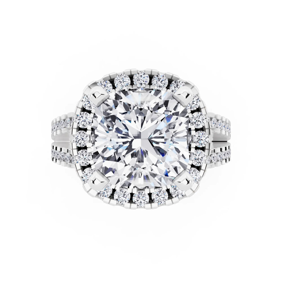 14 KT White Gold Cushion Cut Diamond Halo Ring with Pave Split Shank - top angle