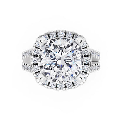 14 KT White Gold Cushion Cut Diamond Halo Ring with Pave Split Shank - top angle