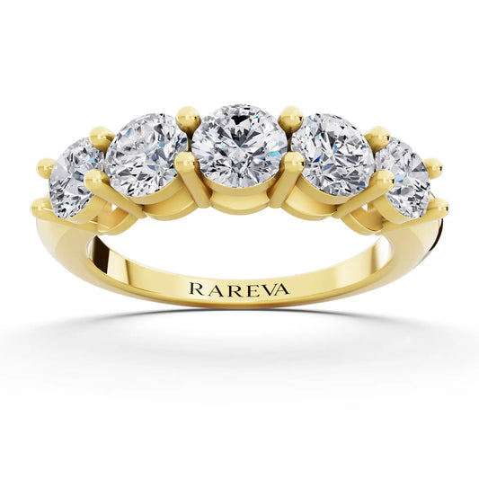 14K Yellow Gold Five Stone Round Cut Diamond Half Eternity Wedding Band - 2.5mm - Front