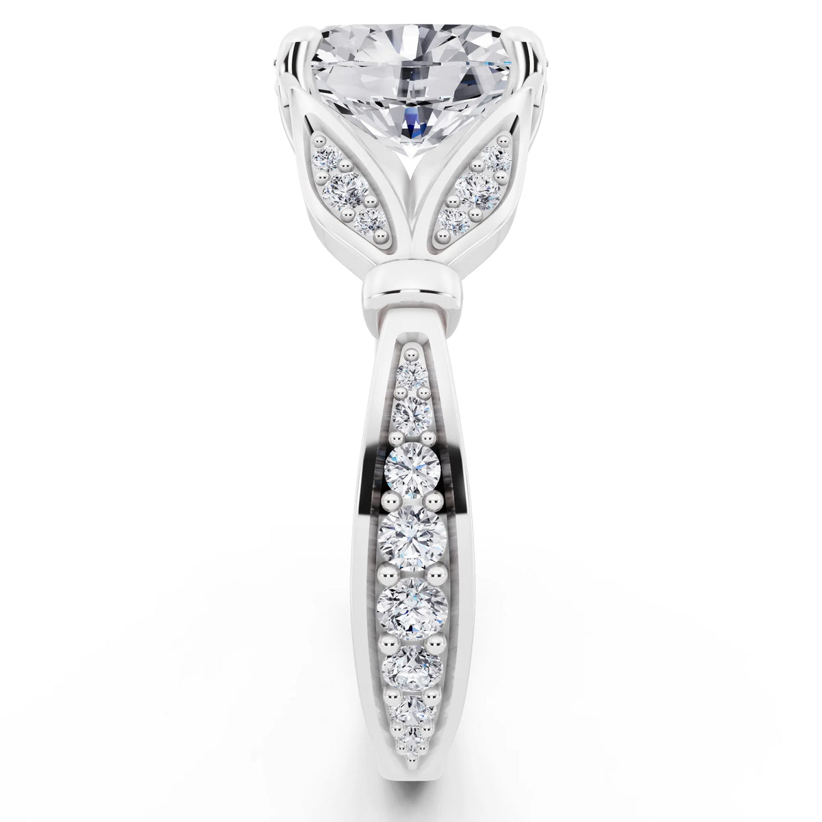 Platinum Oval Cut Diamond Ring with Lotus Collar - side view
