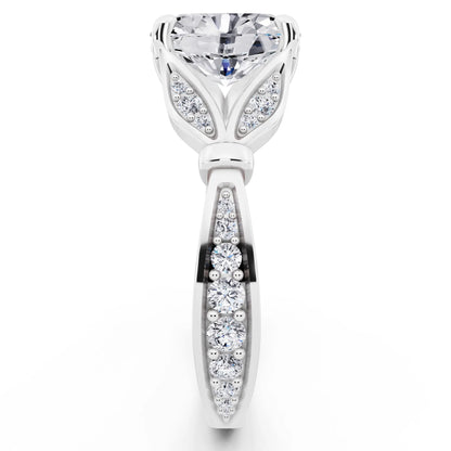 Platinum Oval Cut Diamond Ring with Lotus Collar - side view