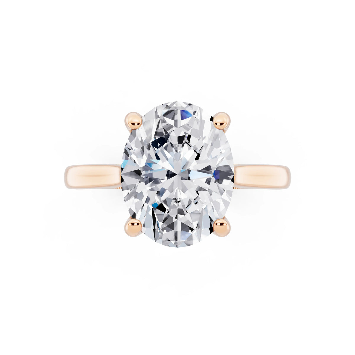 14 KT Rose Gold Oval Cut Diamond Solitaire Ring with Cathedral Band - top angle