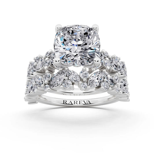18 KT White Gold Cushion Cut Diamond Ring with Marquise Cluster Band - front view