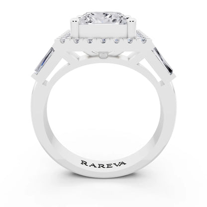 14 KT White Gold Princess Cut Diamond Halo Ring with Baguette Accents - through finger