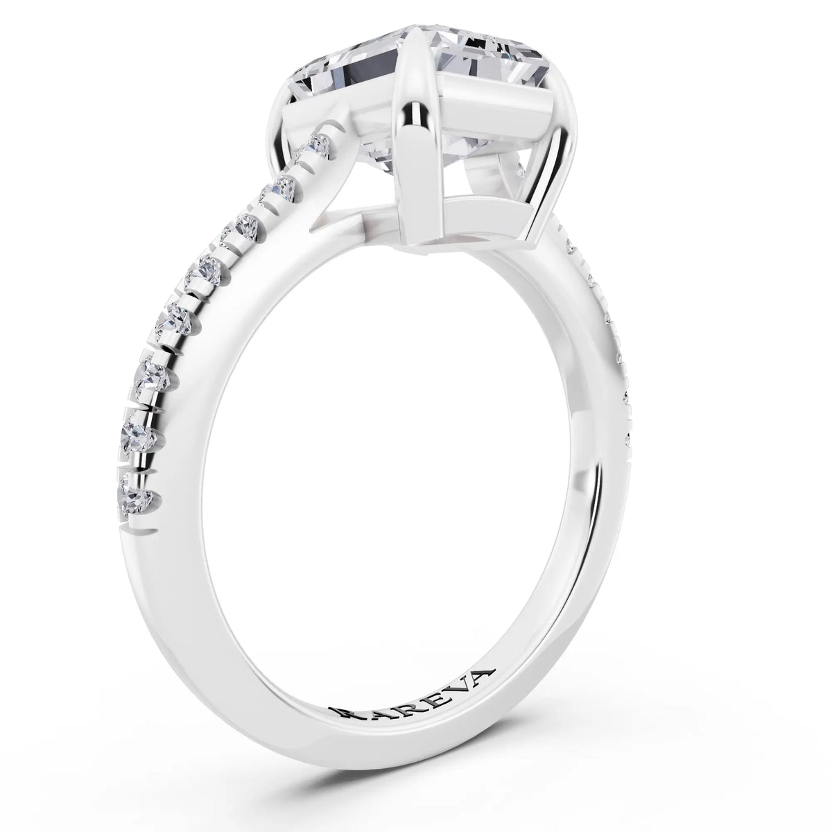 14 KT White Gold Emerald Cut Diamond Claw Prong Solitaire Ring with French Pave Band - top view