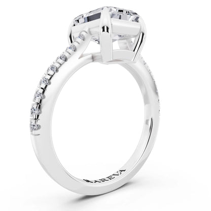 14 KT White Gold Emerald Cut Diamond Claw Prong Solitaire Ring with French Pave Band - top view