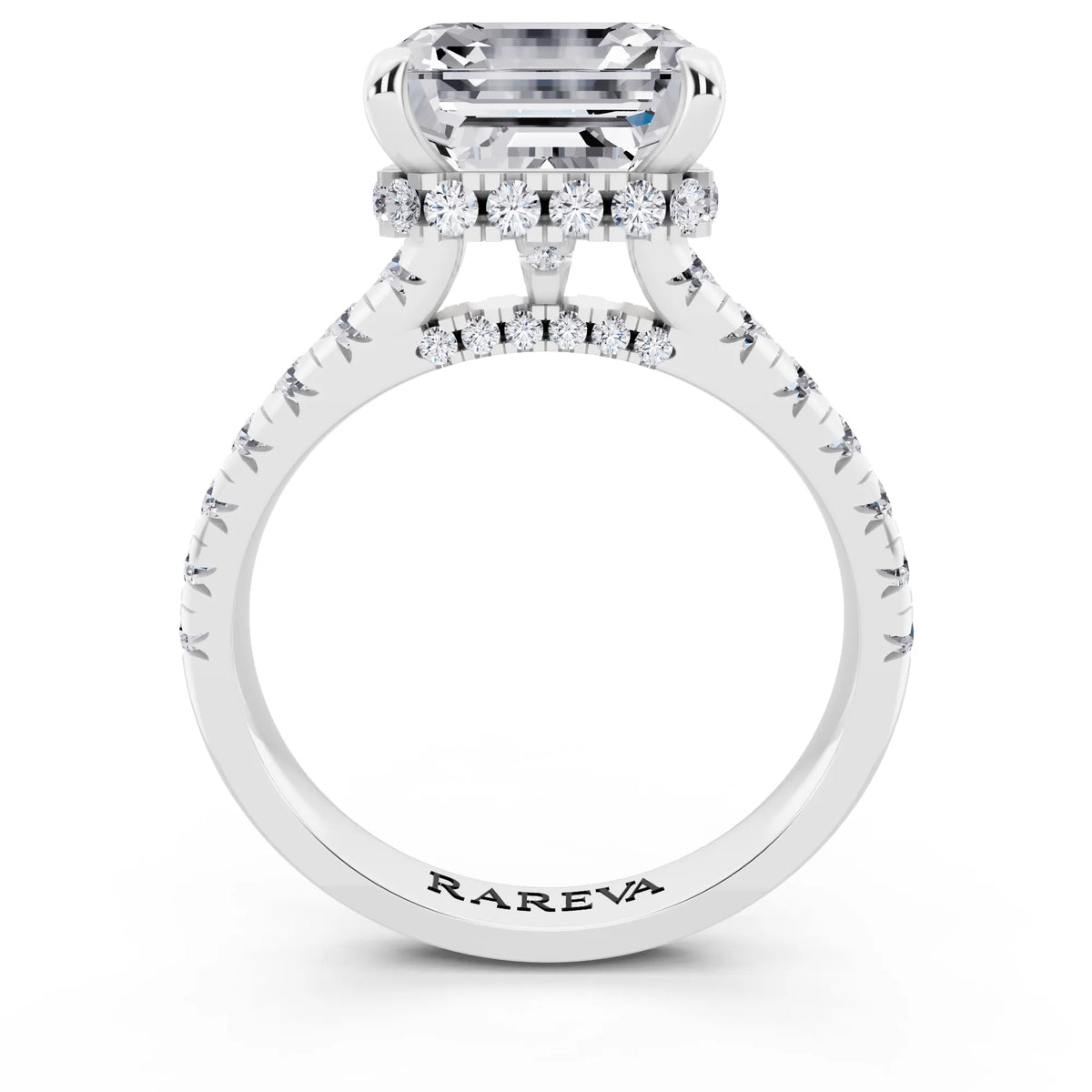 14 KT White Gold Asscher Cut Diamond Ring with Hidden Halo - through finger
