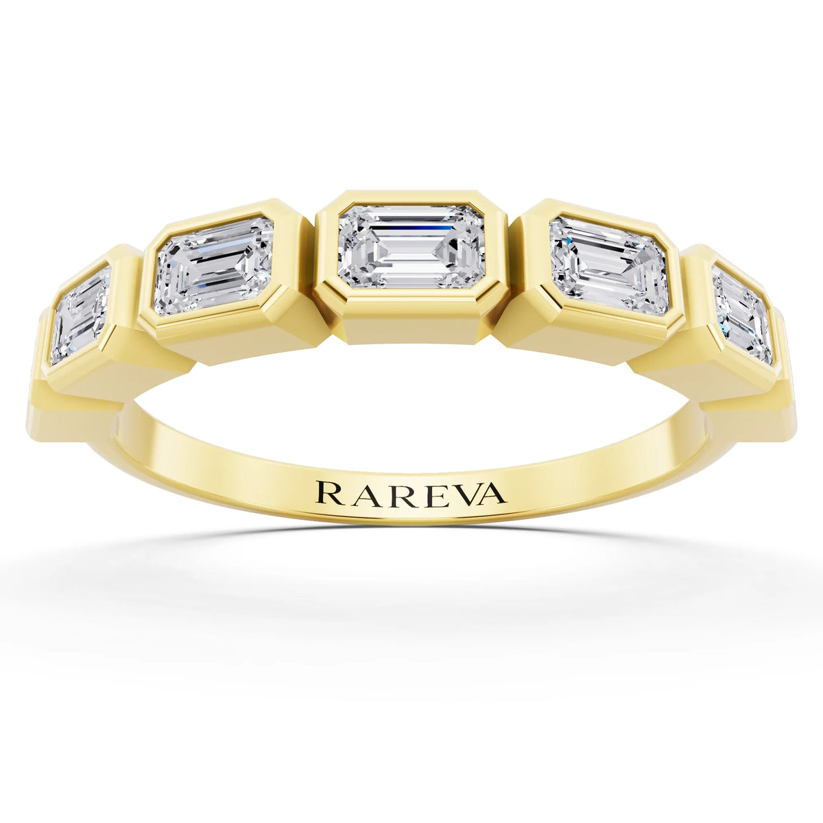10K Yellow Gold Seven Stone Emerald Cut Bezel Set Diamond Half Eternity Wedding Band - 2mm - Front
