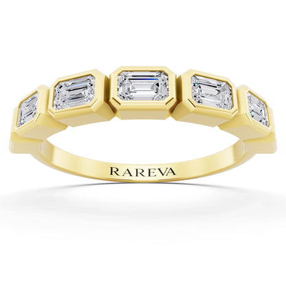 10K Yellow Gold Seven Stone Emerald Cut Bezel Set Diamond Half Eternity Wedding Band - 2mm - Front