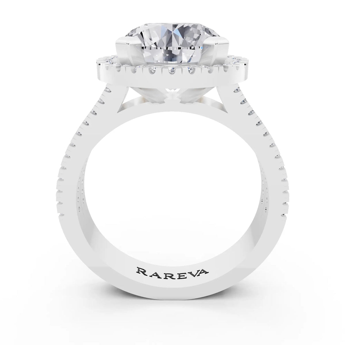 Platinum Round Cut Diamond Halo Ring with Twin Pave Band - through finger
