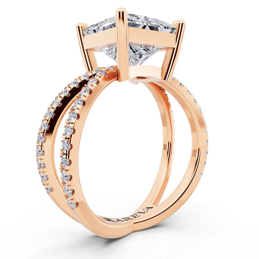 14 KT Rose Gold Princess Cut Diamond Ring with Twisted Split Shank - top view