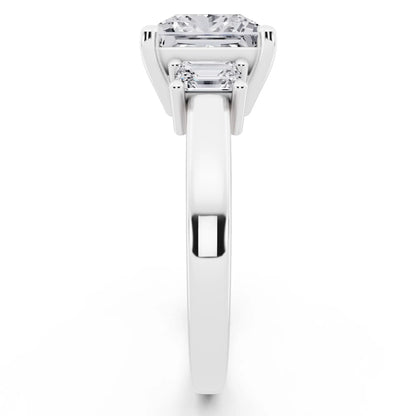 14 KT White Gold Princess Cut Diamond Three Stone Emerald Accent Ring - side view