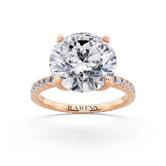18 KT Rose Gold Round Cut Diamond Solitaire Ring with Pave Eternity Band - front view