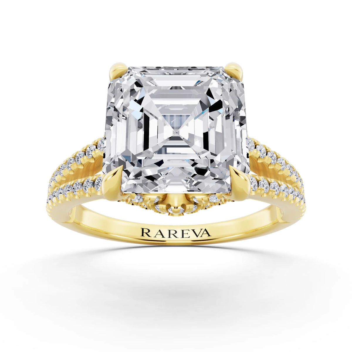 14 KT Yellow Gold Asscher Cut Diamond Ring with Pavé Split Shank - front view