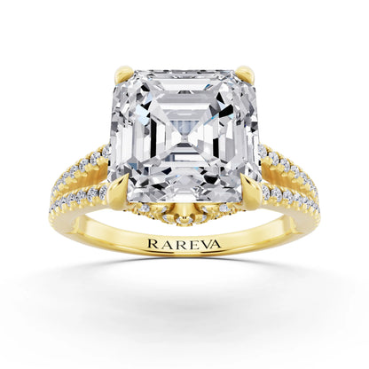14 KT Yellow Gold Asscher Cut Diamond Ring with Pavé Split Shank - front view