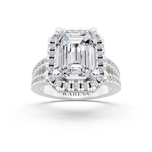 14 KT White Gold Emerald Cut Diamond Halo Ring with Pave Split Shank - front view