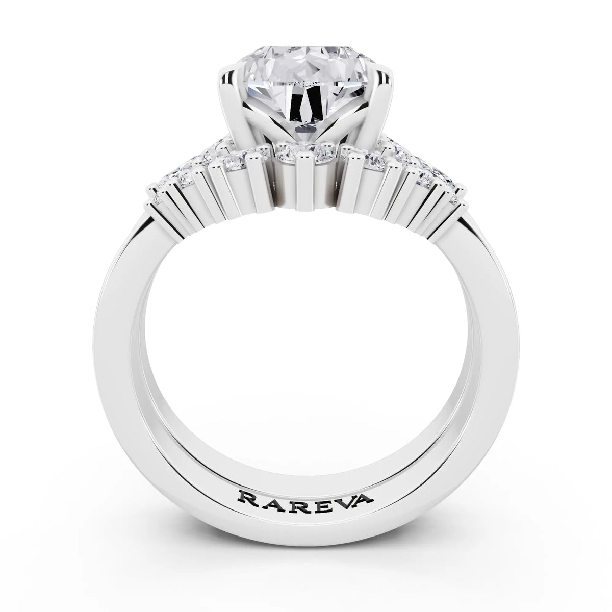 18 KT White Gold Pear Cut Diamond Ring with Curved Cluster Band - through finger