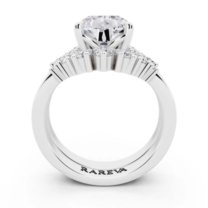 18 KT White Gold Pear Cut Diamond Ring with Curved Cluster Band - through finger