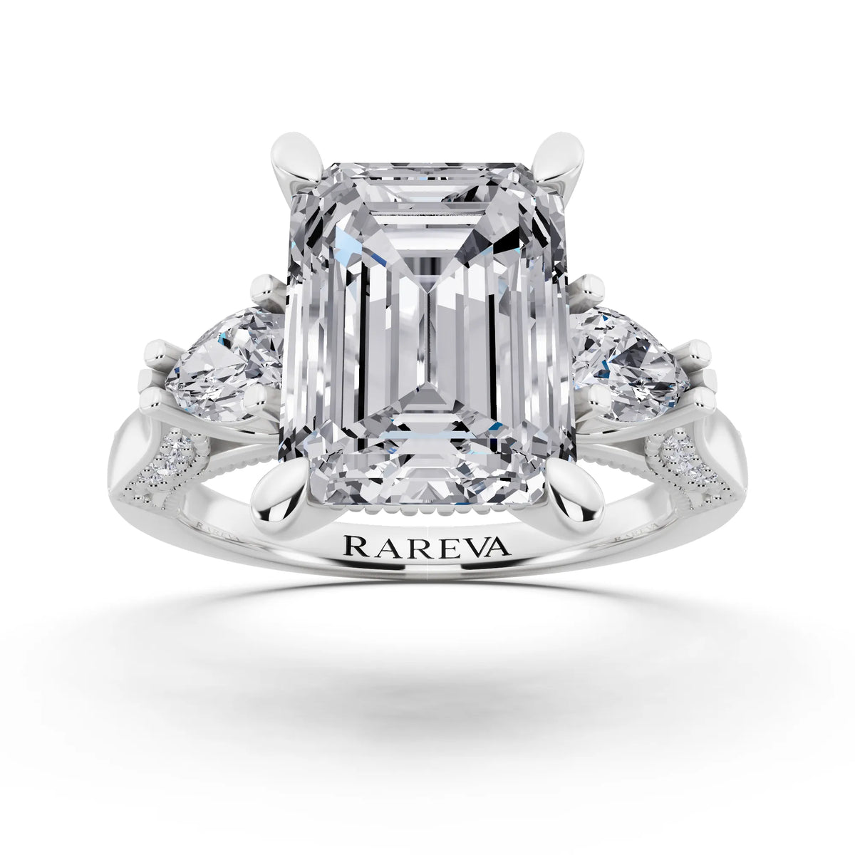 Platinum Emerald Cut Diamond Three Stone Pear Accent Vintage Pave Ring - front view