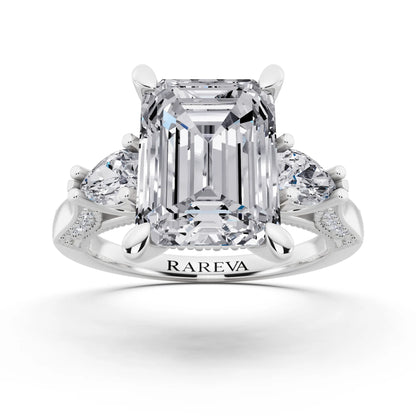 Platinum Emerald Cut Diamond Three Stone Pear Accent Vintage Pave Ring - front view