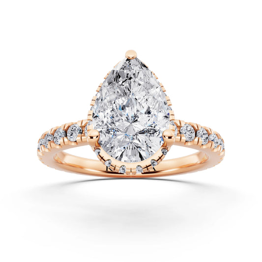 14 KT Rose Gold Pear Cut Diamond Hidden Halo Ring with Pave Band - front view