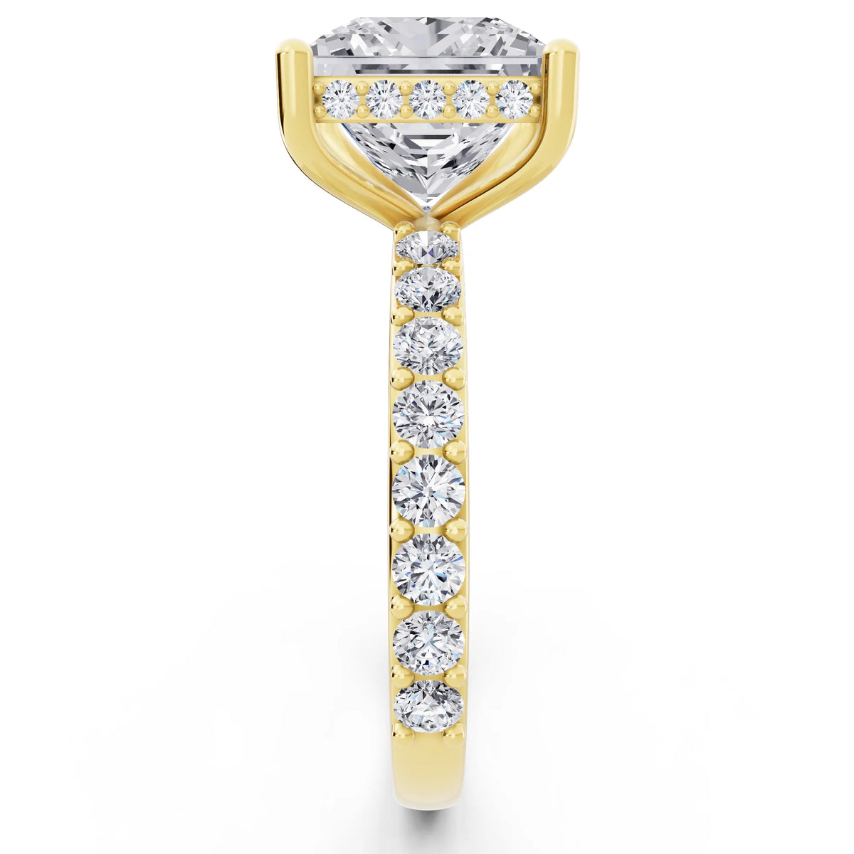 18 KT Yellow Gold Princess Cut Diamond Solitaire Ring with Hidden Halo and Pave Band - side view