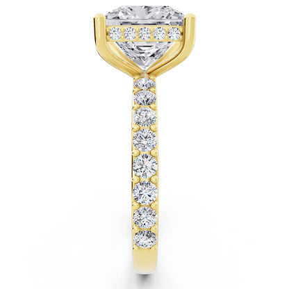 18 KT Yellow Gold Princess Cut Diamond Solitaire Ring with Hidden Halo and Pave Band - side view
