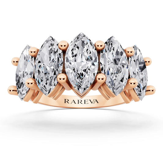 10K Rose Gold Five Stone Marquise Cut Diamond Half Eternity Wedding Band - 3mm - Front