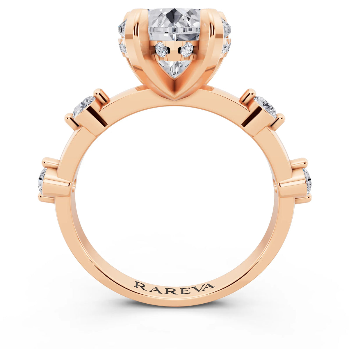 14 KT Rose Gold Heart Cut Diamond Solitaire Ring with Floating Diamond Accents - through finger