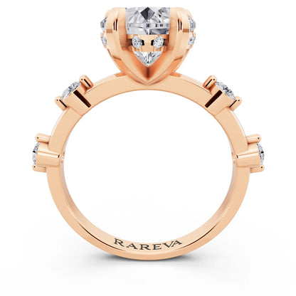 14 KT Rose Gold Heart Cut Diamond Solitaire Ring with Floating Diamond Accents - through finger