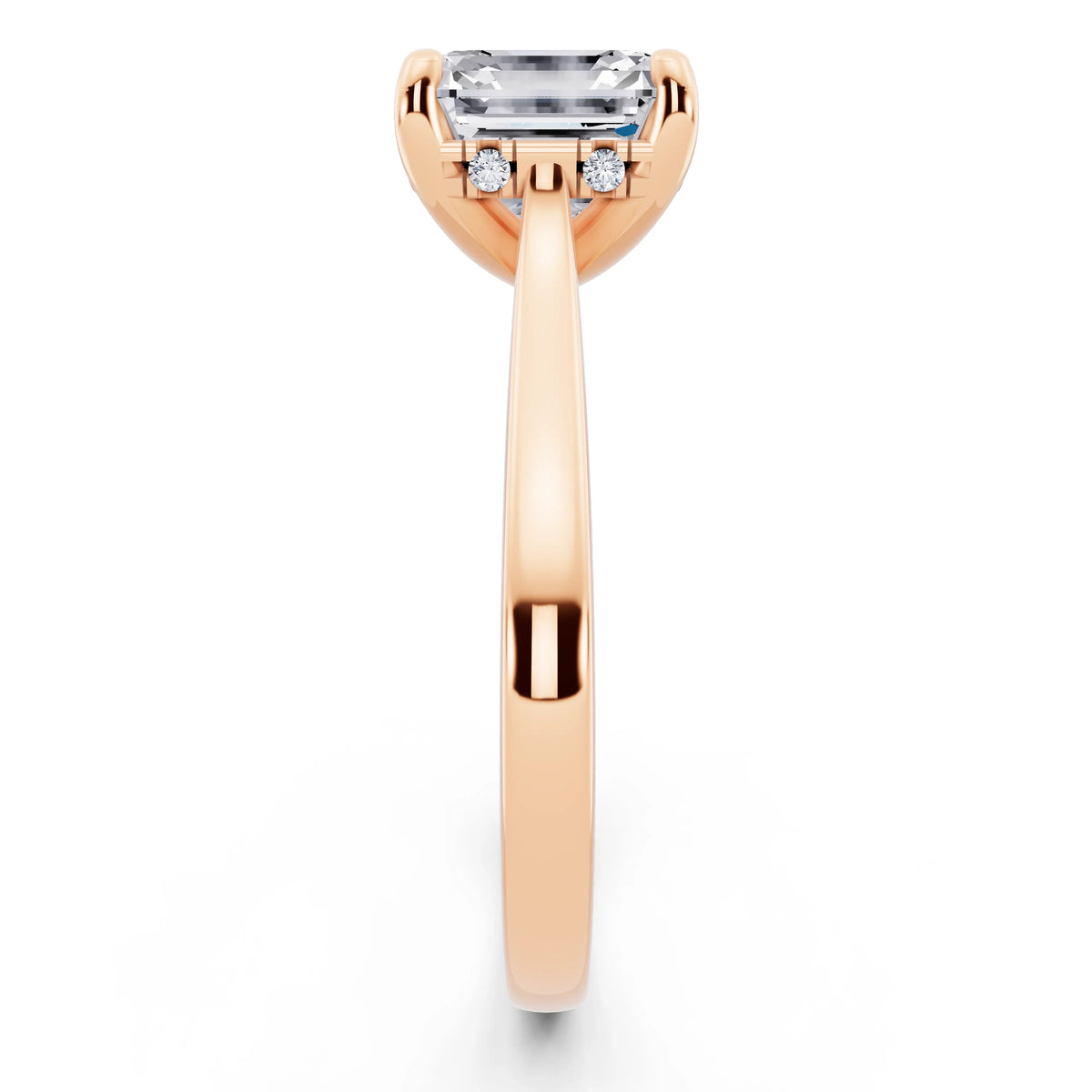 14 KT Rose Gold Asscher Cut Diamond Solitaire Ring with Cathedral Band - side view