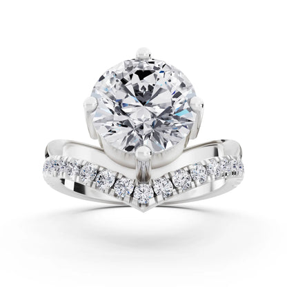 14 KT White Gold Round Cut Diamond Solitaire Ring with Pave V Band - Front