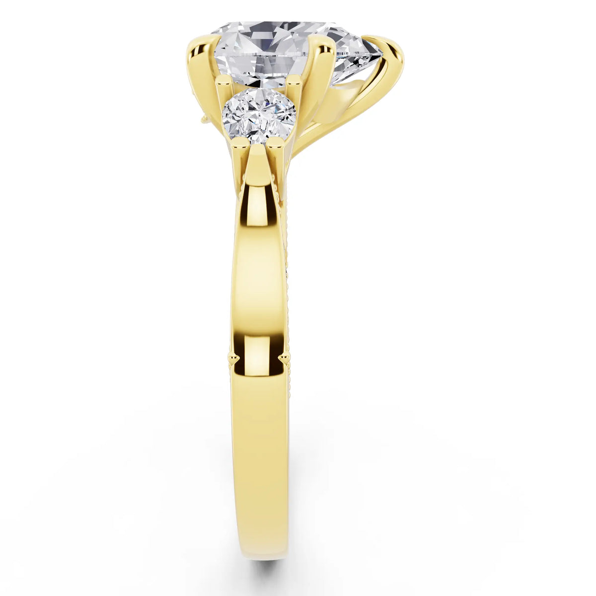 18 KT Yellow Gold Pear Cut Diamond Three Stone Pear Accent Vintage Pave Ring - side view