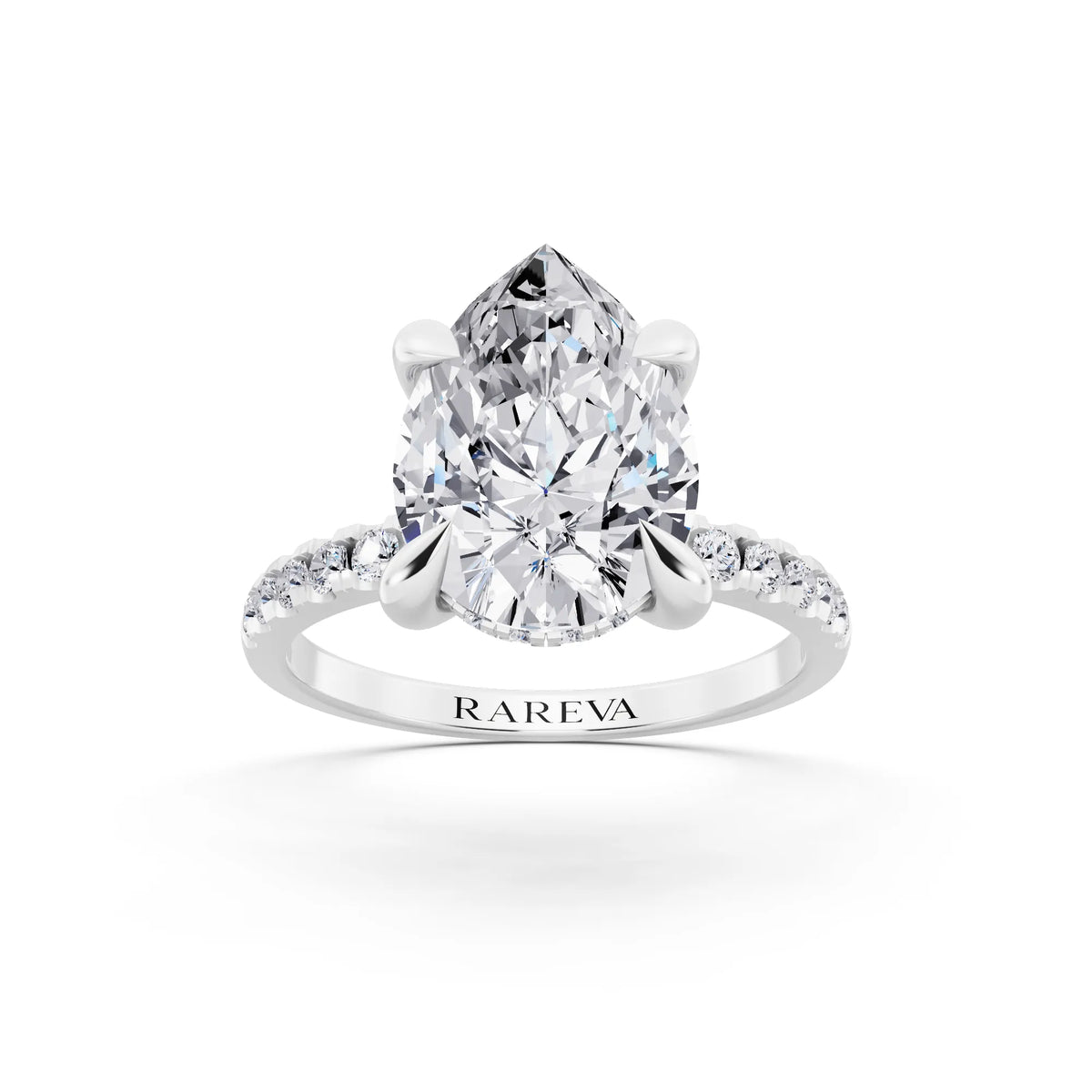 Platinum Pear Cut Diamond Solitaire Ring with Round Pavé Band and Prong Setting - front view