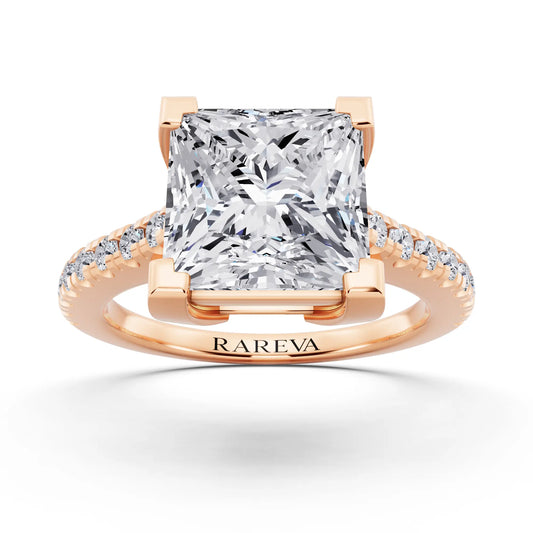 18 KT Rose Gold Princess Cut Diamond Claw Prong Solitaire Ring with French Pave Band - front view