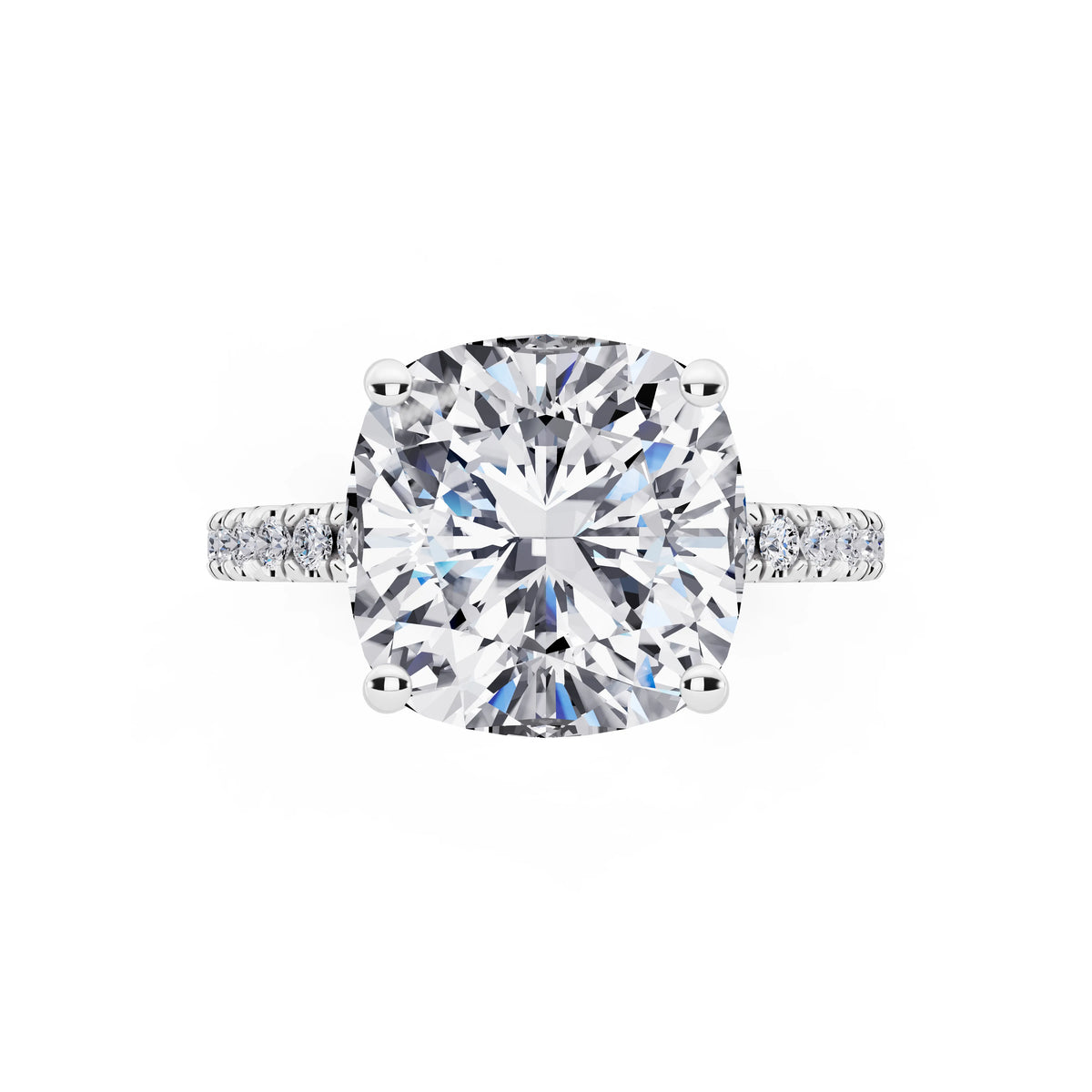 Platinum Cushion Cut Diamond Solitaire Ring with Pave Eternity Band - top angle