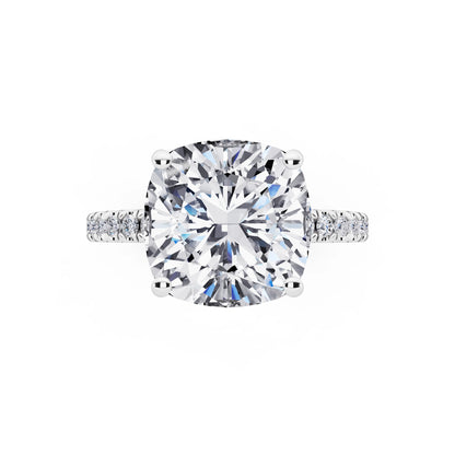 Platinum Cushion Cut Diamond Solitaire Ring with Pave Eternity Band - top angle