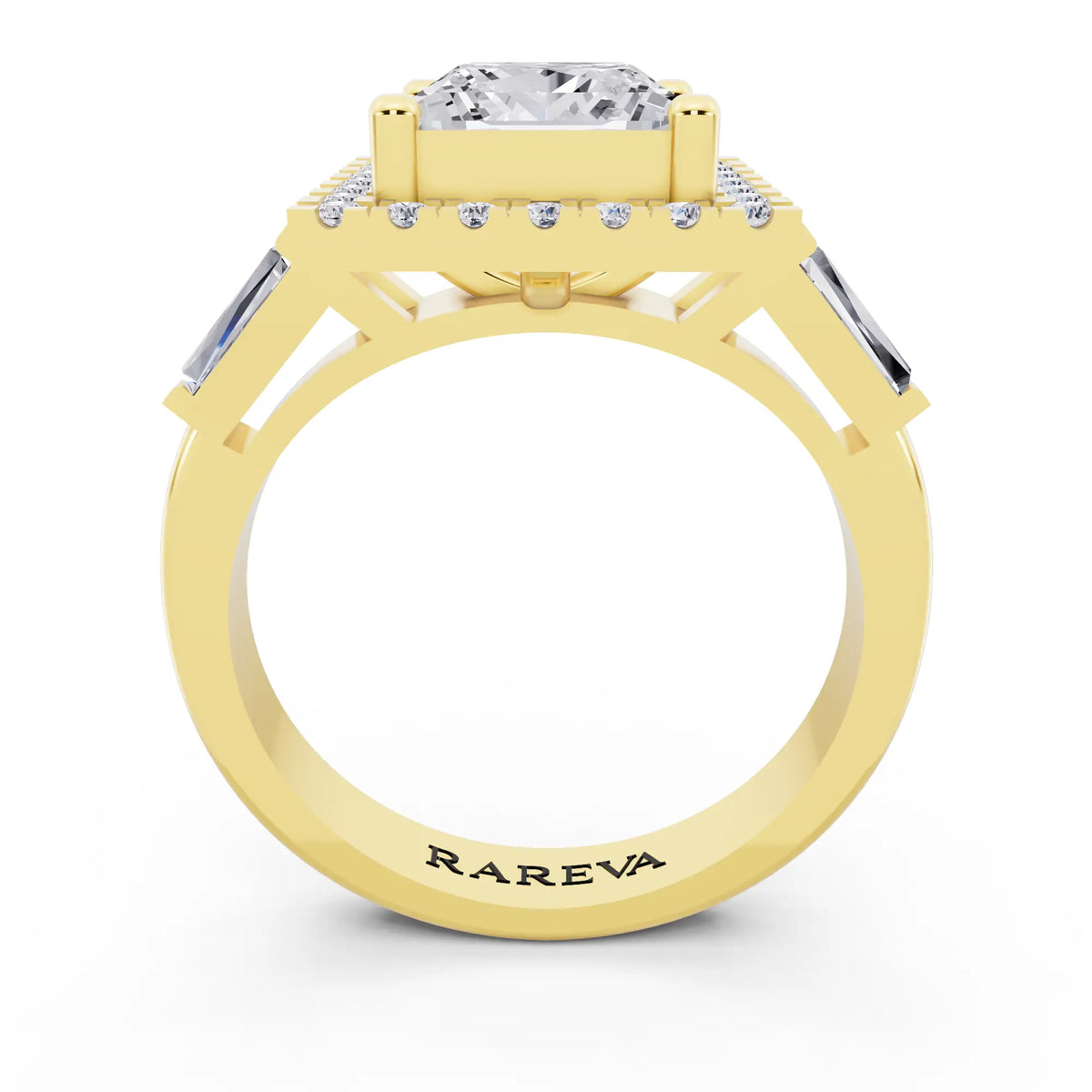 14 KT Yellow Gold Princess Cut Diamond Halo Ring with Baguette Accents - through finger