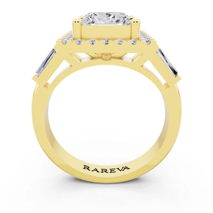 14 KT Yellow Gold Princess Cut Diamond Halo Ring with Baguette Accents - through finger