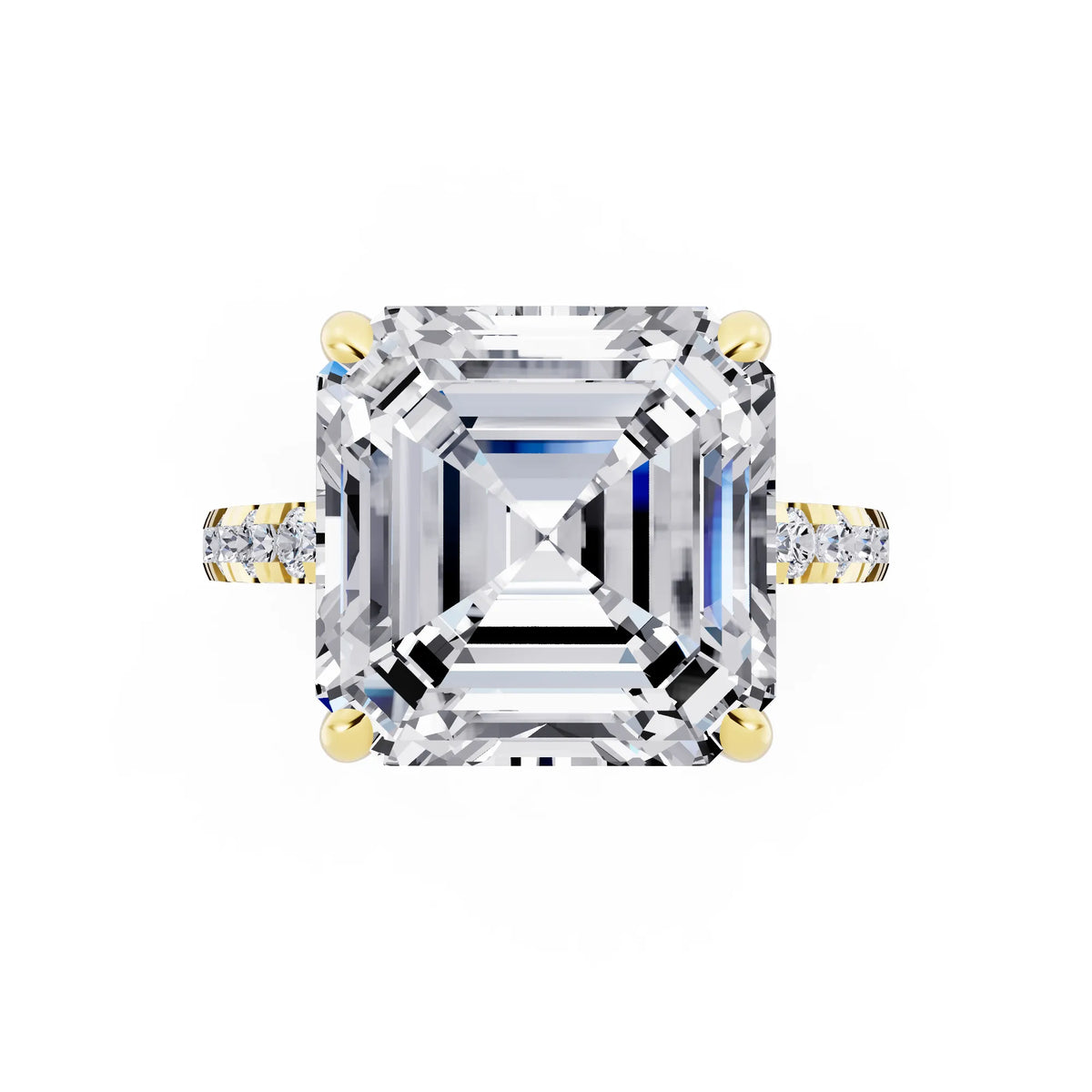 18 KT Yellow Gold Asscher Cut Diamond Hidden Halo Tiger Prong Pave Band Ring - top angle