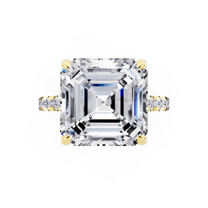 18 KT Yellow Gold Asscher Cut Diamond Hidden Halo Tiger Prong Pave Band Ring - top angle