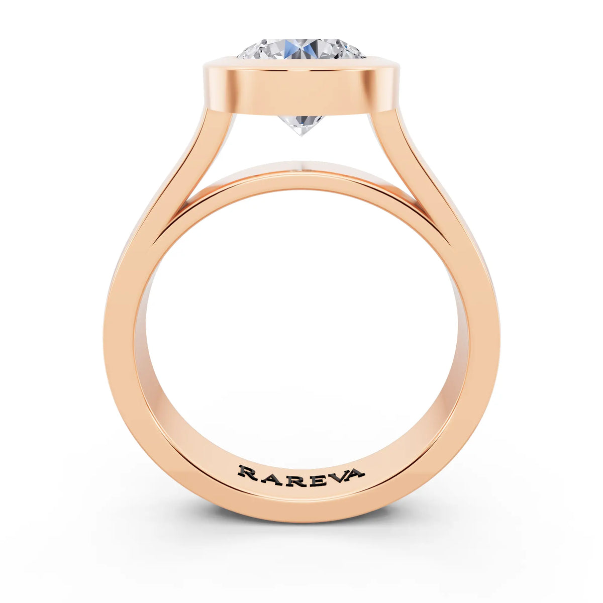 18 KT Rose Gold Oval Cut Diamond Bezel Set Solitaire Ring - through finger