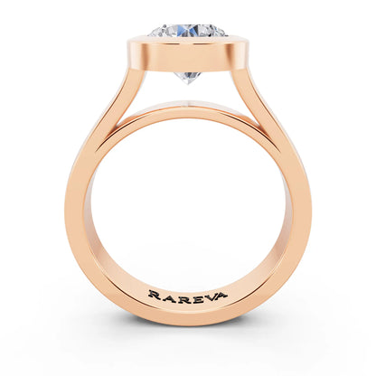 18 KT Rose Gold Oval Cut Diamond Bezel Set Solitaire Ring - through finger