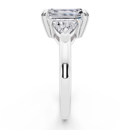 14 KT White Gold Emerald Cut Diamond Three Stone Ring with Trillion Accents - side view