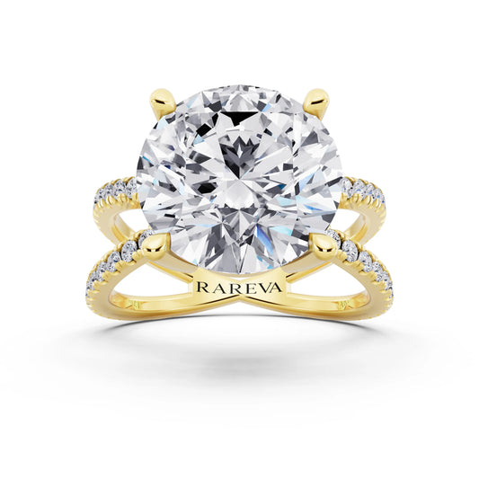 14 KT Yellow Gold Round Cut Diamond Ring with Twisted Split Shank - front view