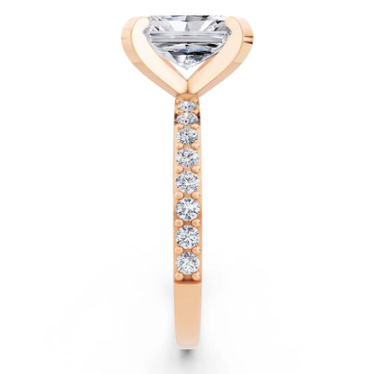 18 KT Rose Gold Radiant Cut Diamond Solitaire Ring with Pave Shank - side view