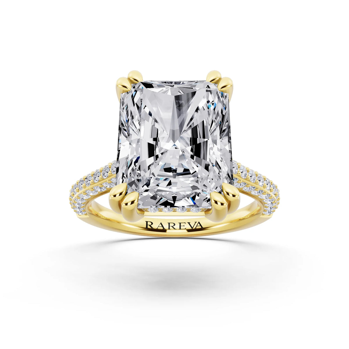 18 KT Yellow Gold Radiant Cut Diamond Hidden Halo Double Claw Pave Band Ring - front view