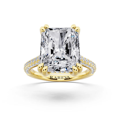 18 KT Yellow Gold Radiant Cut Diamond Hidden Halo Double Claw Pave Band Ring - front view