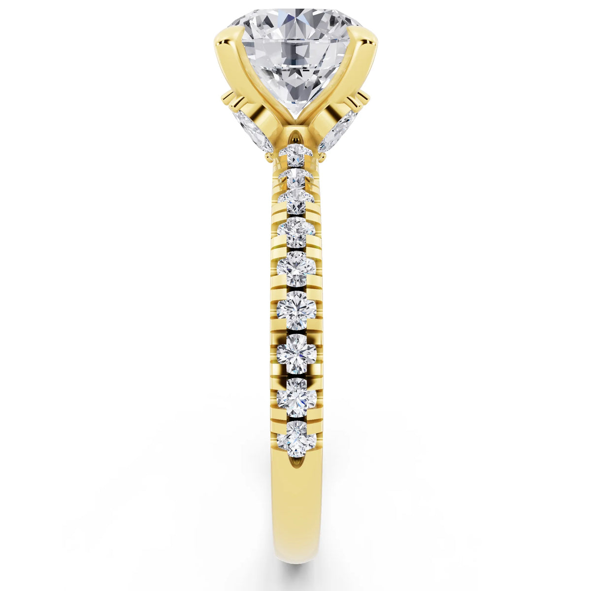 18 KT Yellow Gold Round Cut Diamond Solitaire Ring with Marquise Collar - side view