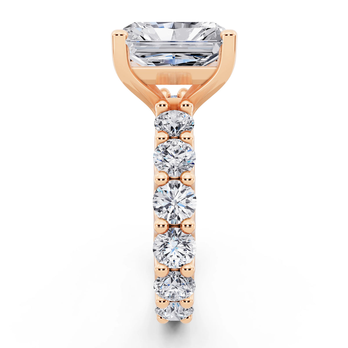 14 KT Rose Gold Radiant Cut Diamond Ring with Shared Prong Eternity Band - side view